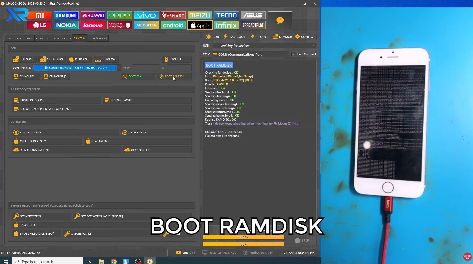 Bước 7: Boot Ramdisk thành công — gửi ibss, ibec, kernel tất cả OK