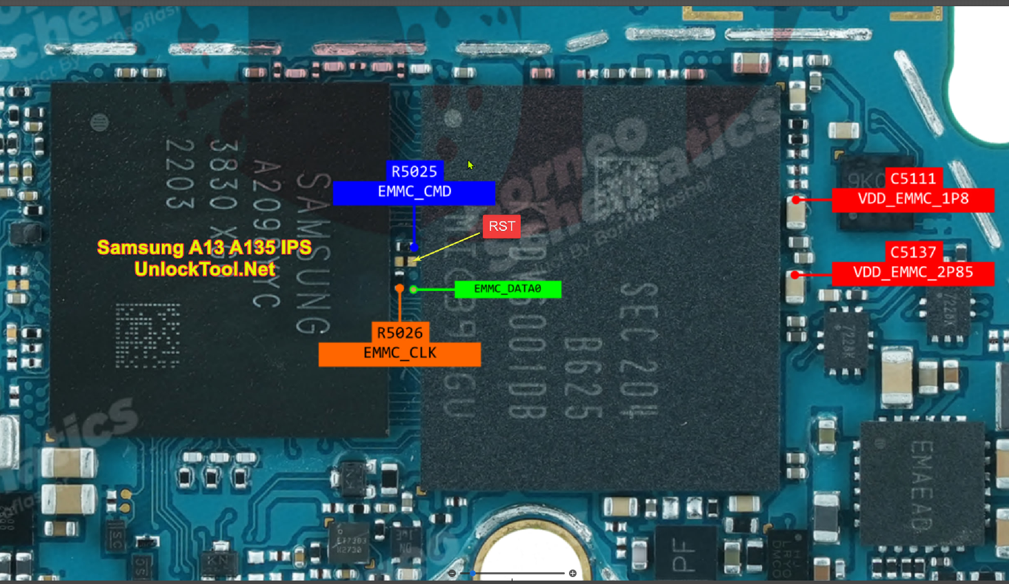 Test point EDL 9008 Samsung Galaxy A13 (SM-A135) - Vị trí chập test point trên mainboard