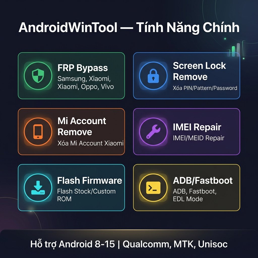 AndroidWinTool tính năng: FRP Bypass, Screen Lock, IMEI Repair