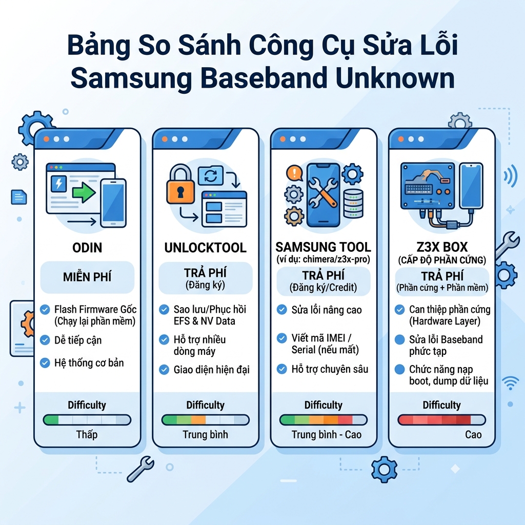So sánh tool sửa baseband unknown Odin UnlockTool Samsung Tool