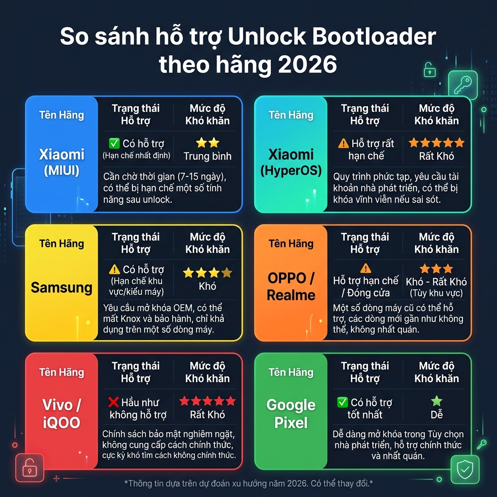 So sánh hỗ trợ unlock bootloader theo hãng Android 2026