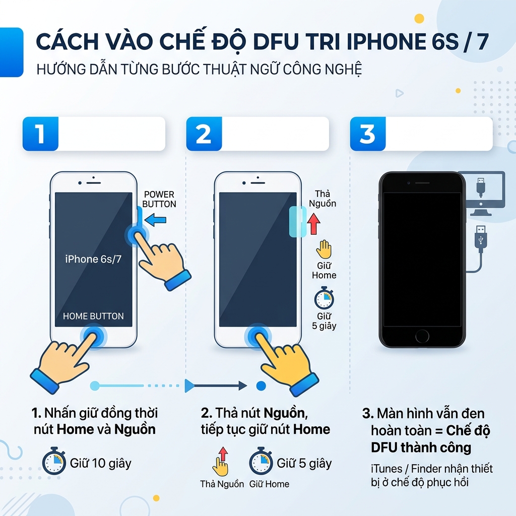 Hướng dẫn vào DFU mode iPhone 6s 7 để bypass iCloud
