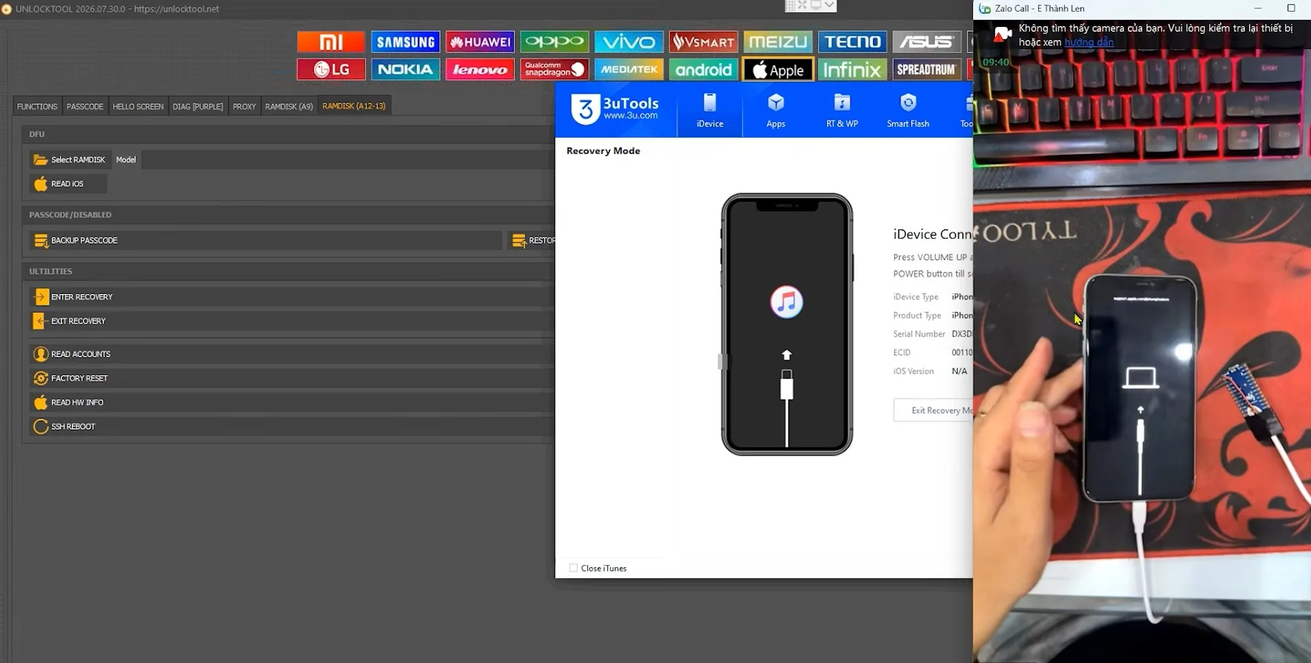 Chọn dịch vụ Apple Ramdisk A12-13 trong UnlockTool vào chế độ Recovery để Read iOS