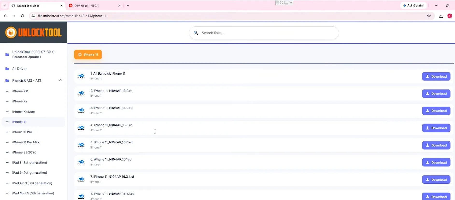 Vào trang chủ UnlockTool tải file ramdisk tương ứng phiên bản iOS