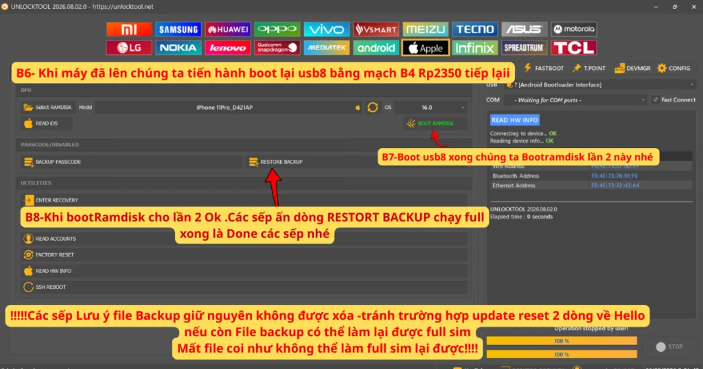 Select Ramdisk chọn model thiết bị chi tiết trong UnlockTool bypass passcode