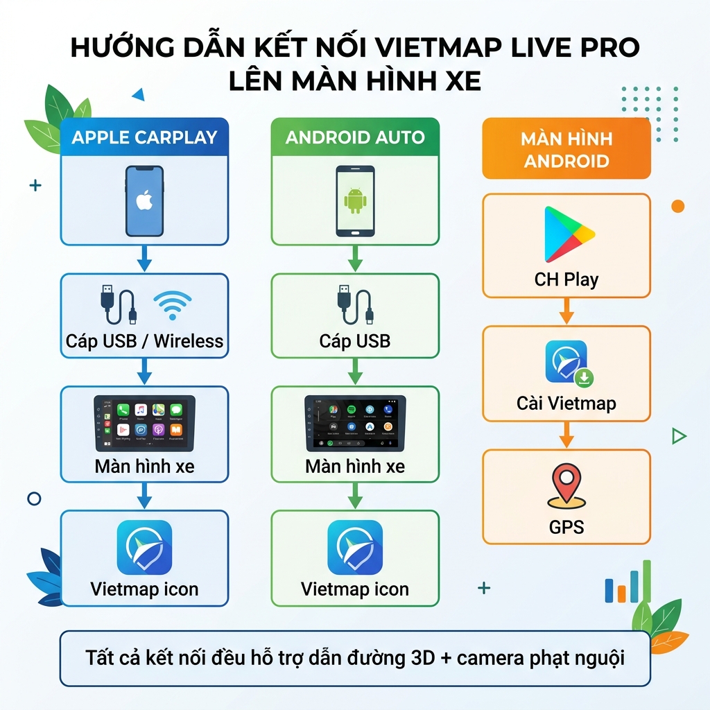Vietmap Live Pro CarPlay Android Auto - sơ đồ kết nối 3 phương thức