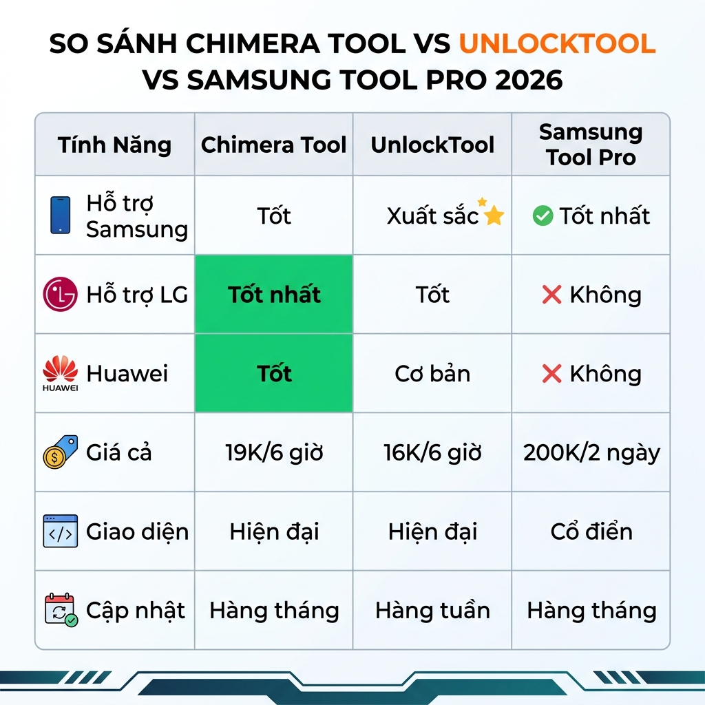 So sánh Chimera Tool vs UnlockTool vs Samsung Tool Pro 2026