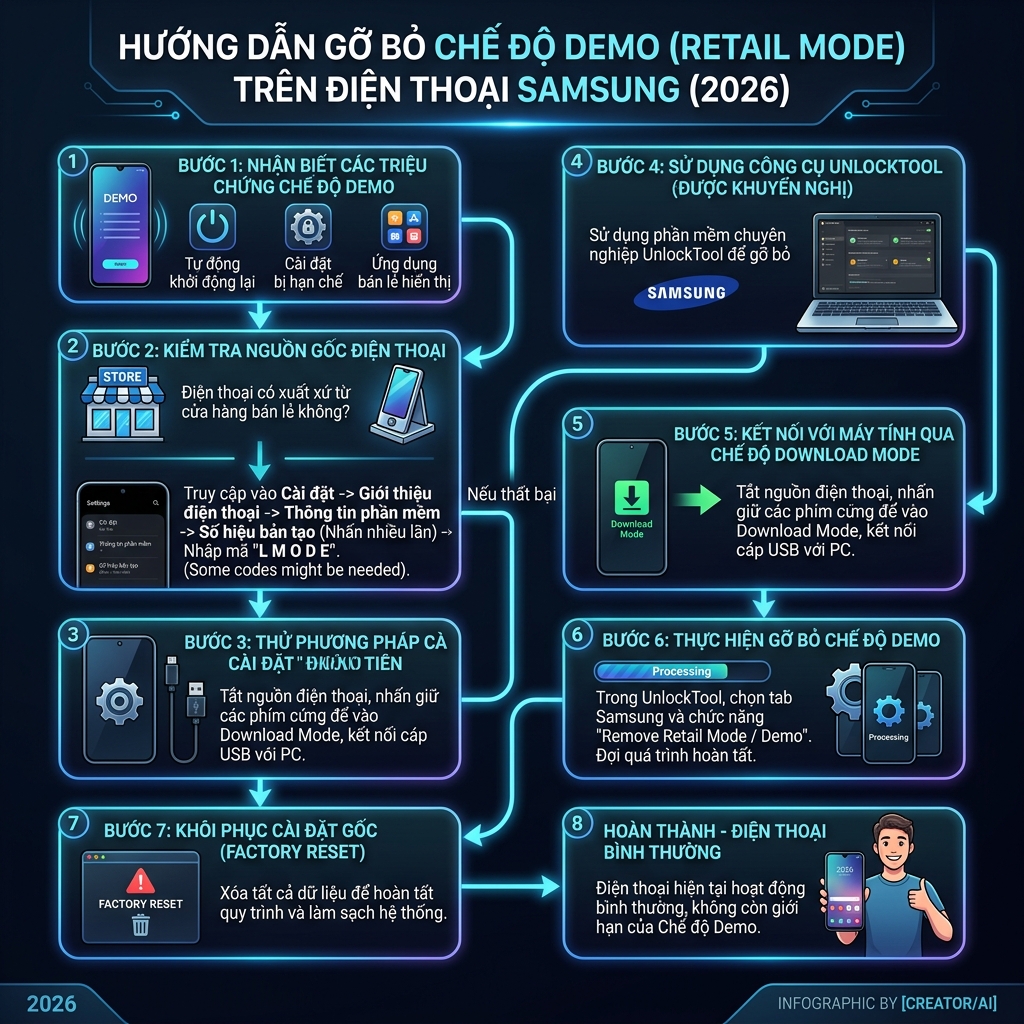 Xóa demo mode Samsung 2026 - hướng dẫn remove retail mode chi tiết