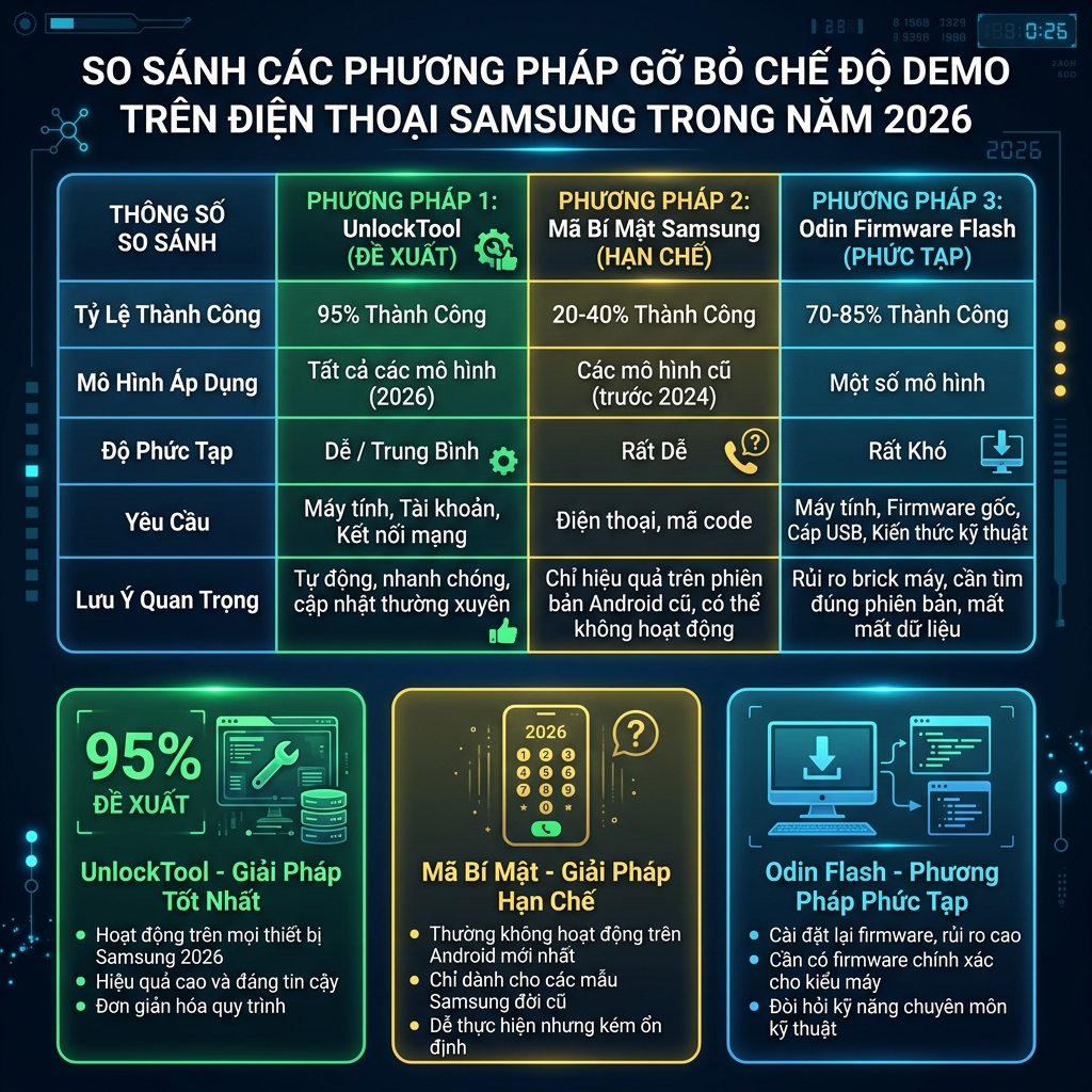 So sánh 3 phương pháp xóa demo mode Samsung 2026