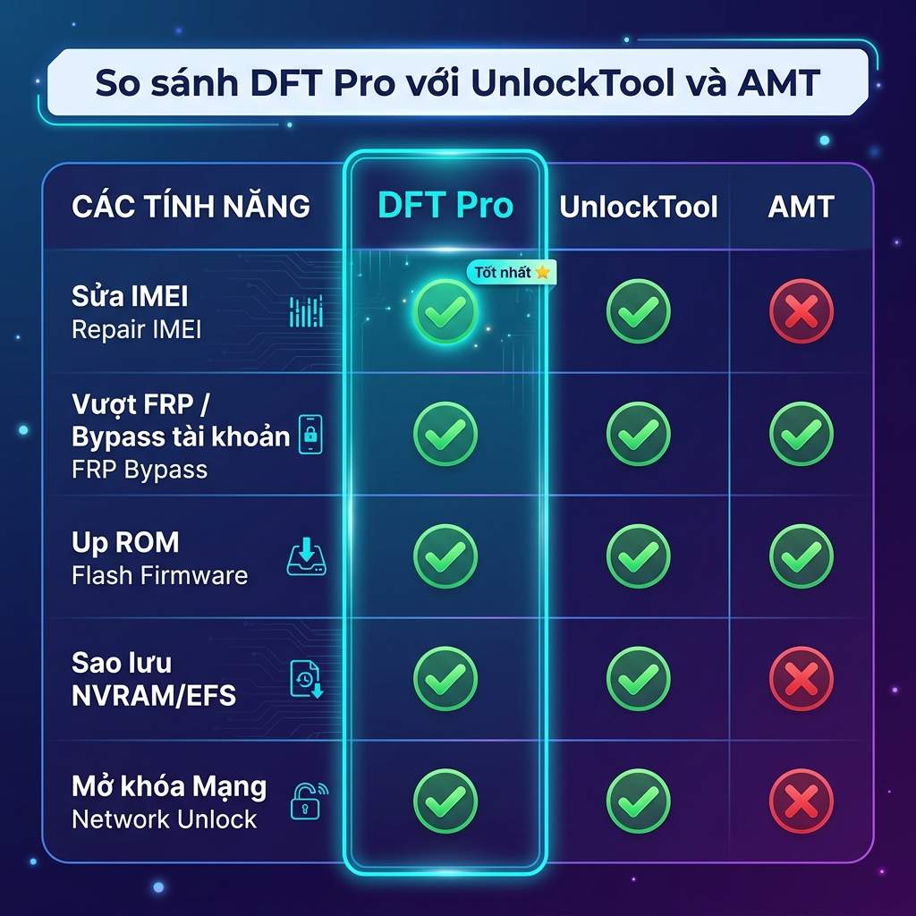 So sánh DFT Pro với UnlockTool và AMT — bảng tính năng chi tiết