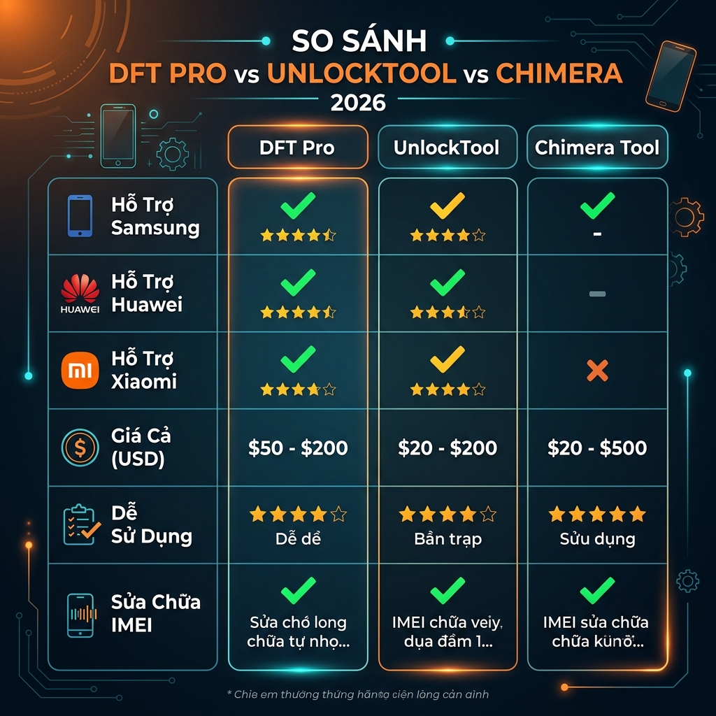 So sánh DFT Pro vs UnlockTool vs Chimera 2026