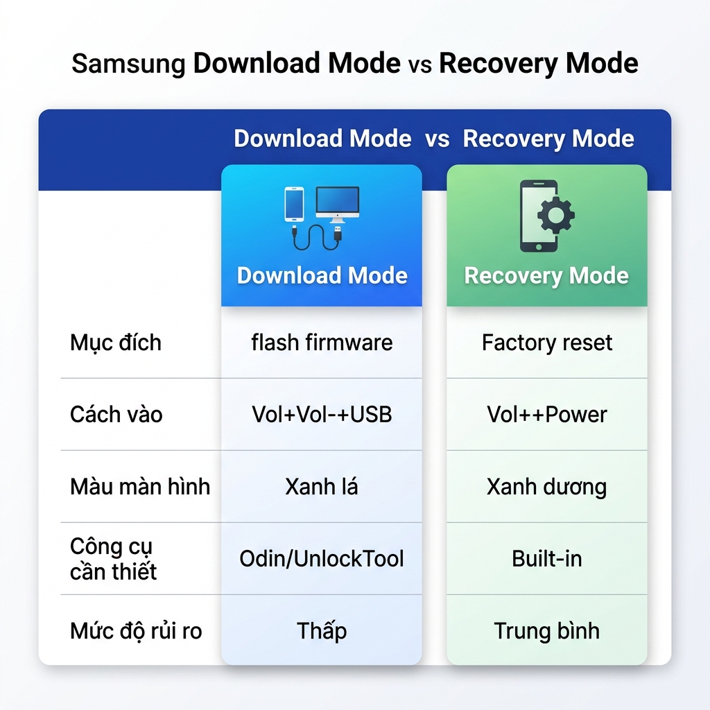 So sánh Download Mode và Recovery Mode Samsung