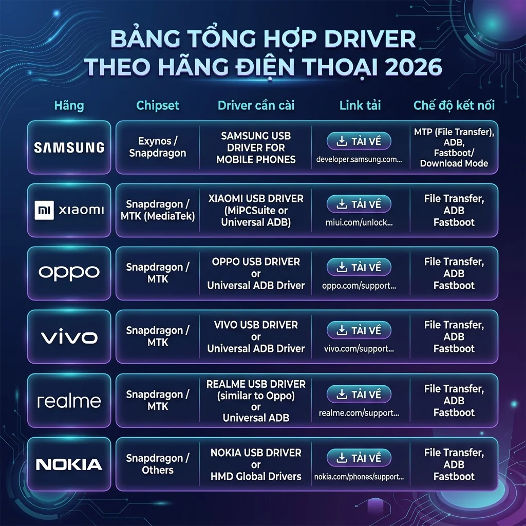 Bảng tổng hợp driver theo hãng điện thoại 2026