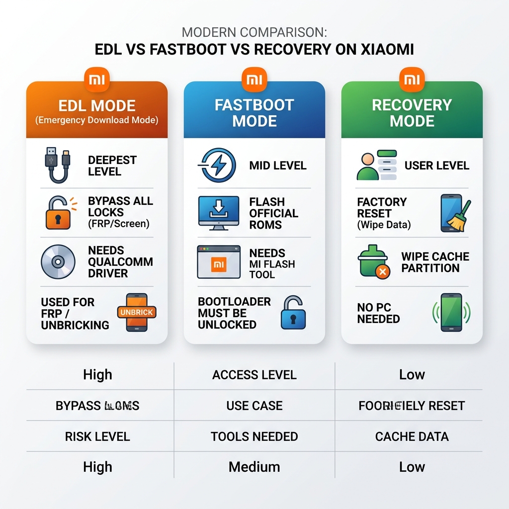 So sánh EDL Mode vs Fastboot Mode vs Recovery Mode