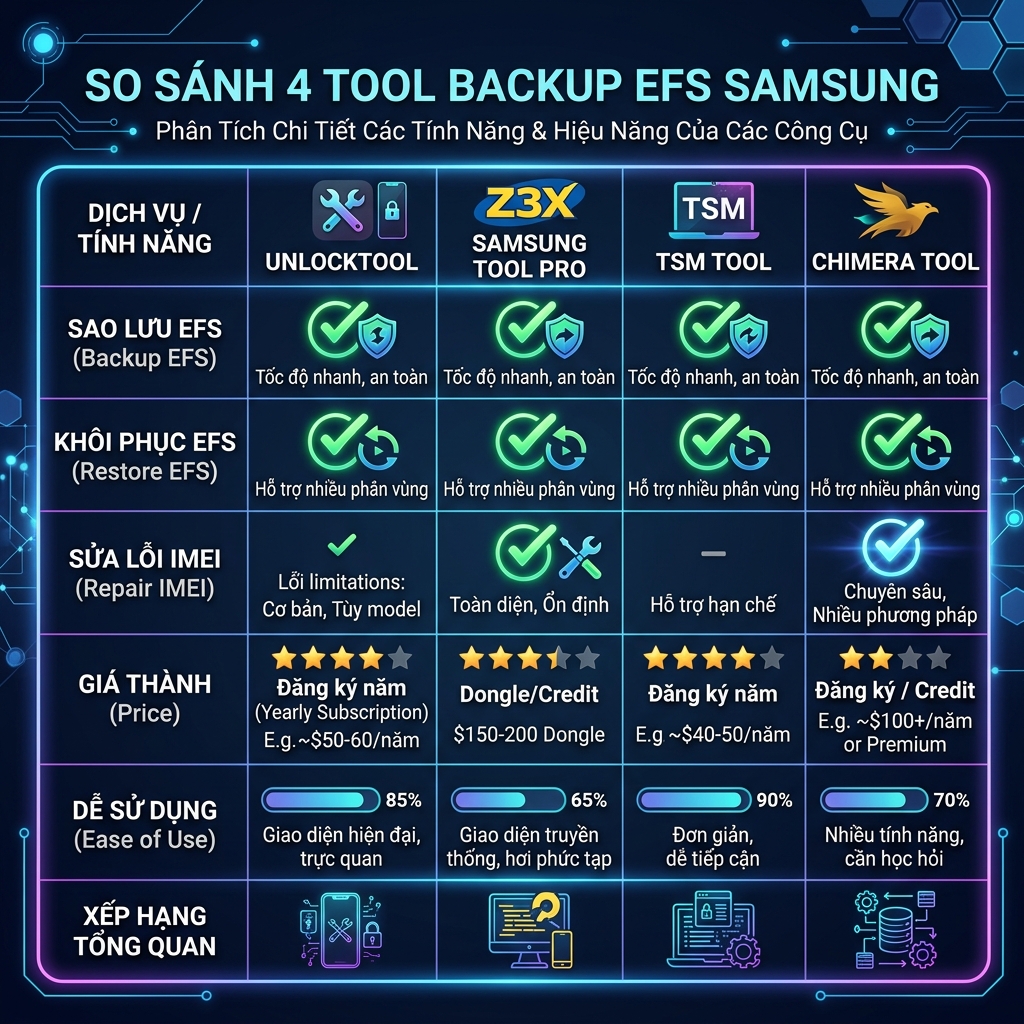 So sánh 4 tool backup EFS Samsung UnlockTool Samsung Tool TSM Chimera