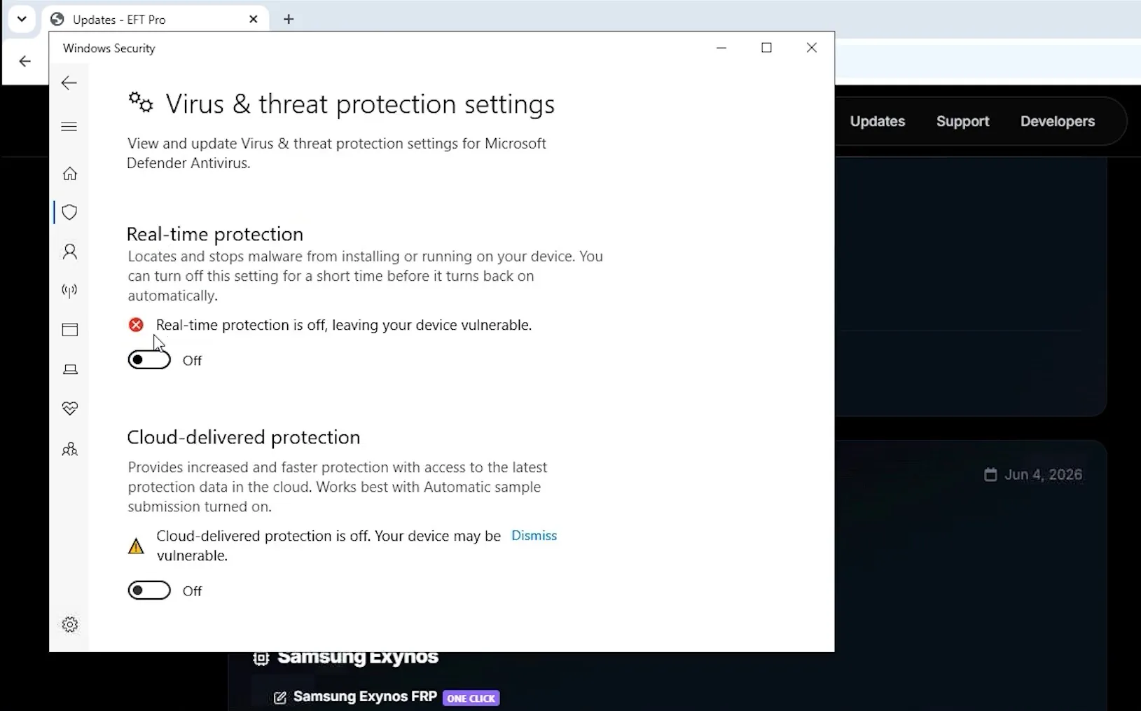 Tắt Windows Defender và phần mềm diệt virus trước khi giải nén EFT Pro