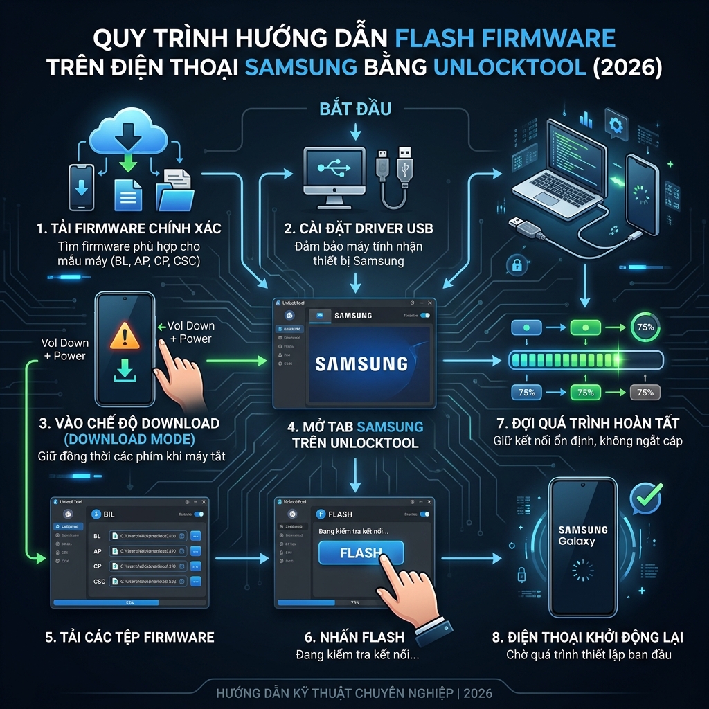 Flash firmware Samsung bằng UnlockTool 2026 - hướng dẫn từng bước