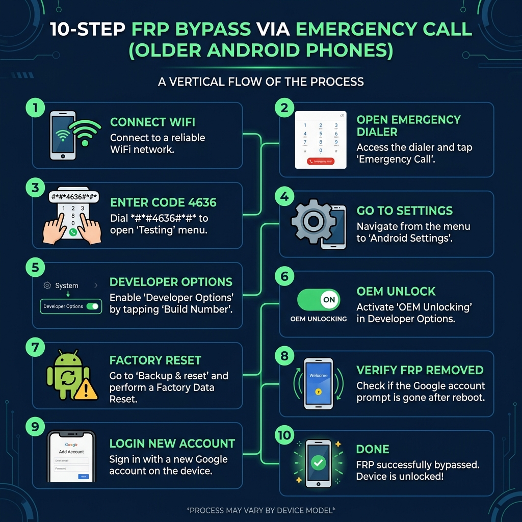 Sơ đồ 10 bước bypass FRP bằng Emergency Call