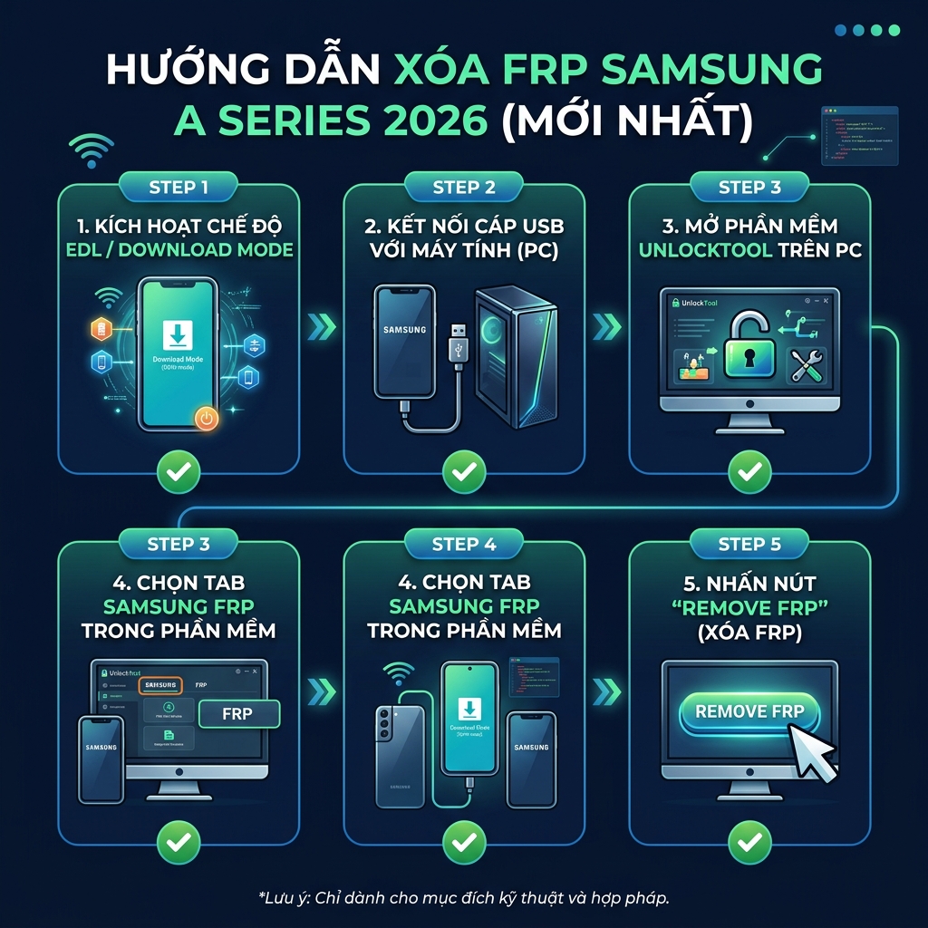 Quy trình xóa FRP Samsung A14 A24 A34 A54 bằng UnlockTool 2026