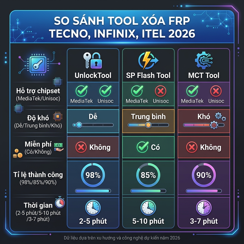 So sánh tool xóa FRP Tecno Infinix Itel 2026