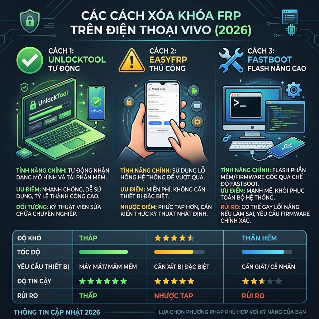 Cách xóa FRP Vivo 2026 - so sánh 3 phương pháp bypass Google