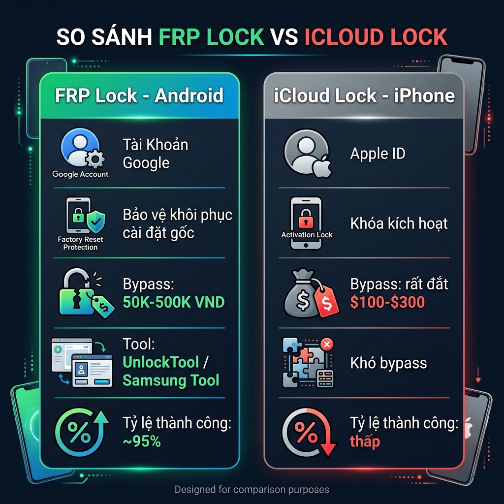 So sánh FRP Lock Android và iCloud Lock iPhone