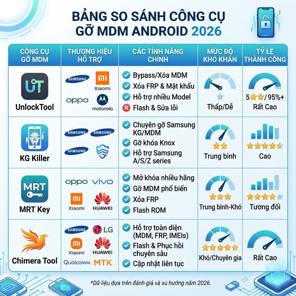 Bảng so sánh công cụ gỡ MDM Android 2026 - UnlockTool, KG Killer, Chimera, MRT, TSM