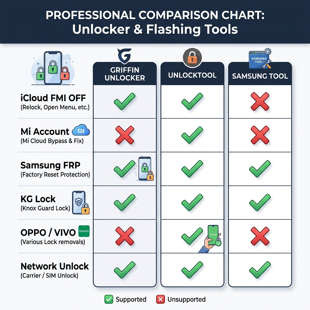 So sánh tính năng Griffin Unlocker với UnlockTool và Samsung Tool 2026