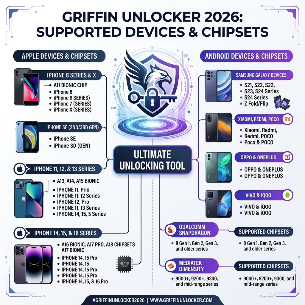 Thiết bị hỗ trợ bởi Griffin Unlocker 2026 - iPhone và Android