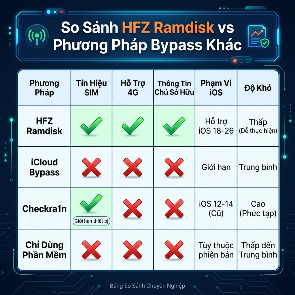 So sánh HFZ Ramdisk bypass passcode với các phương pháp bypass iCloud khác