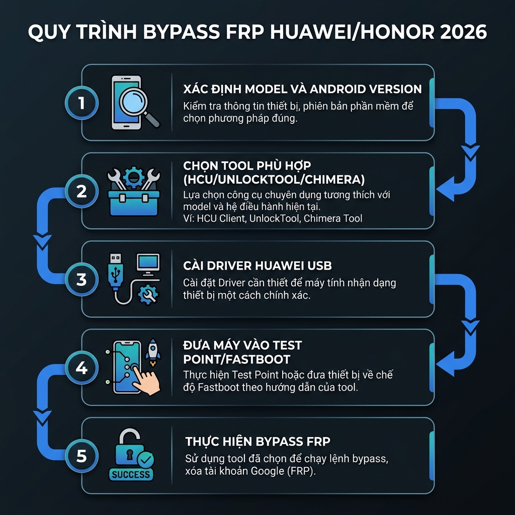 Quy trình bypass FRP Huawei Honor 2026 từng bước