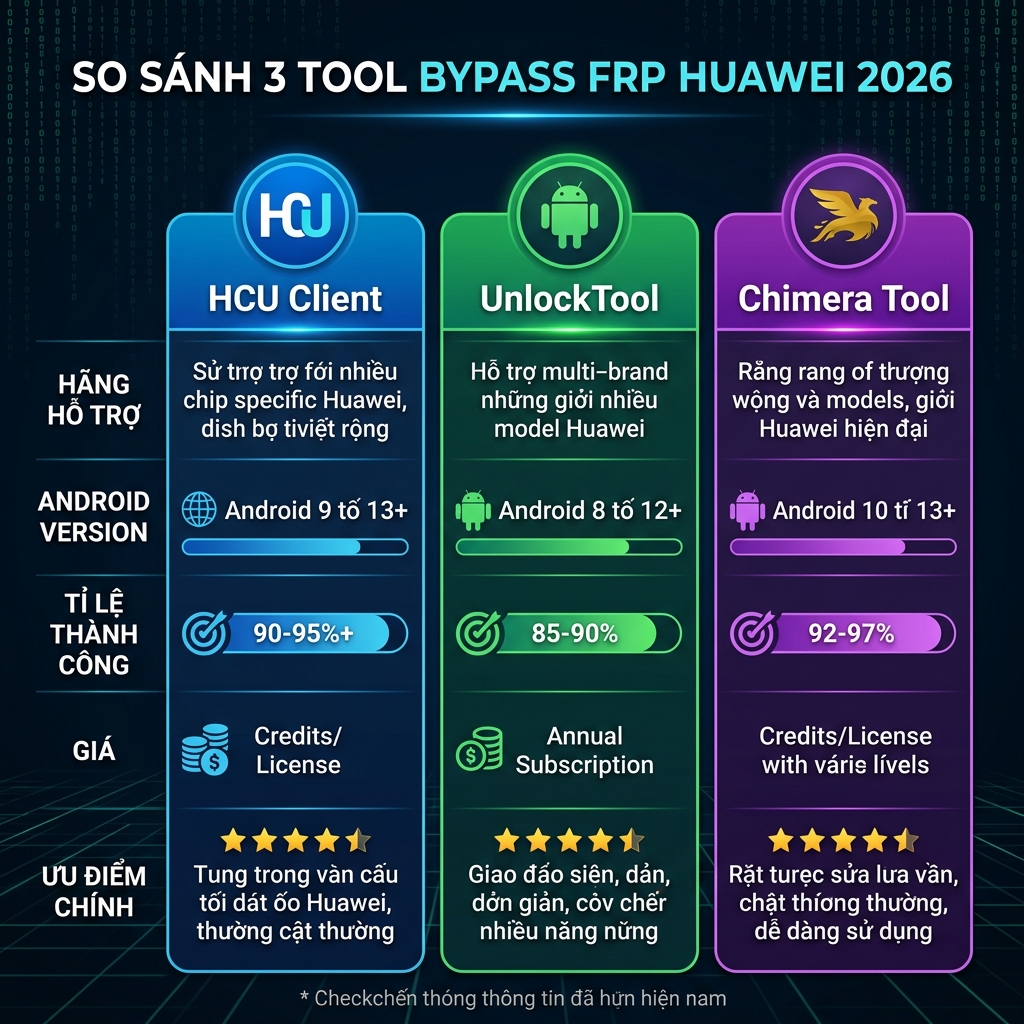 So sánh 3 tool bypass FRP Huawei 2026 HCU UnlockTool Chimera