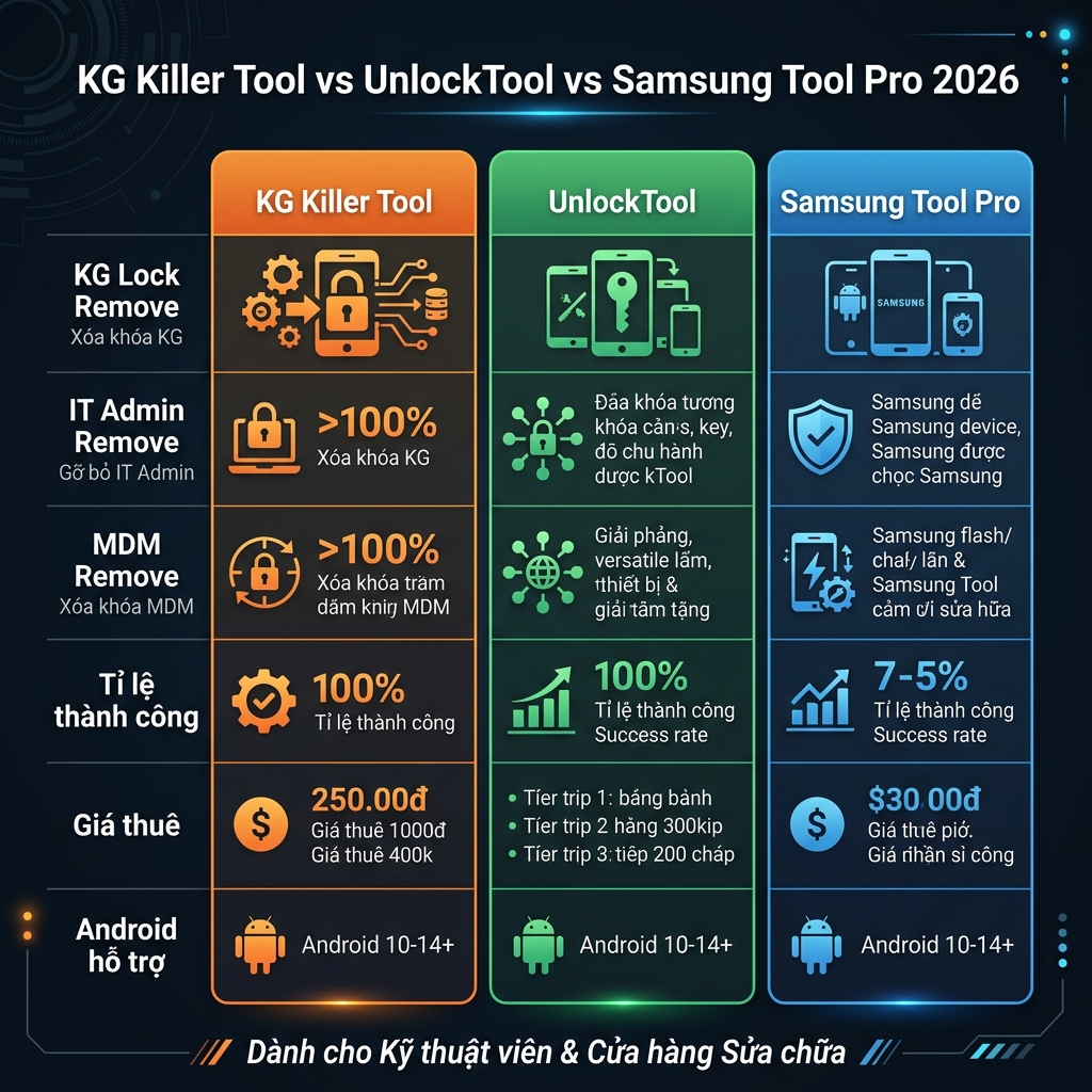 So sánh KG Killer Tool vs UnlockTool vs Samsung Tool Pro 2026