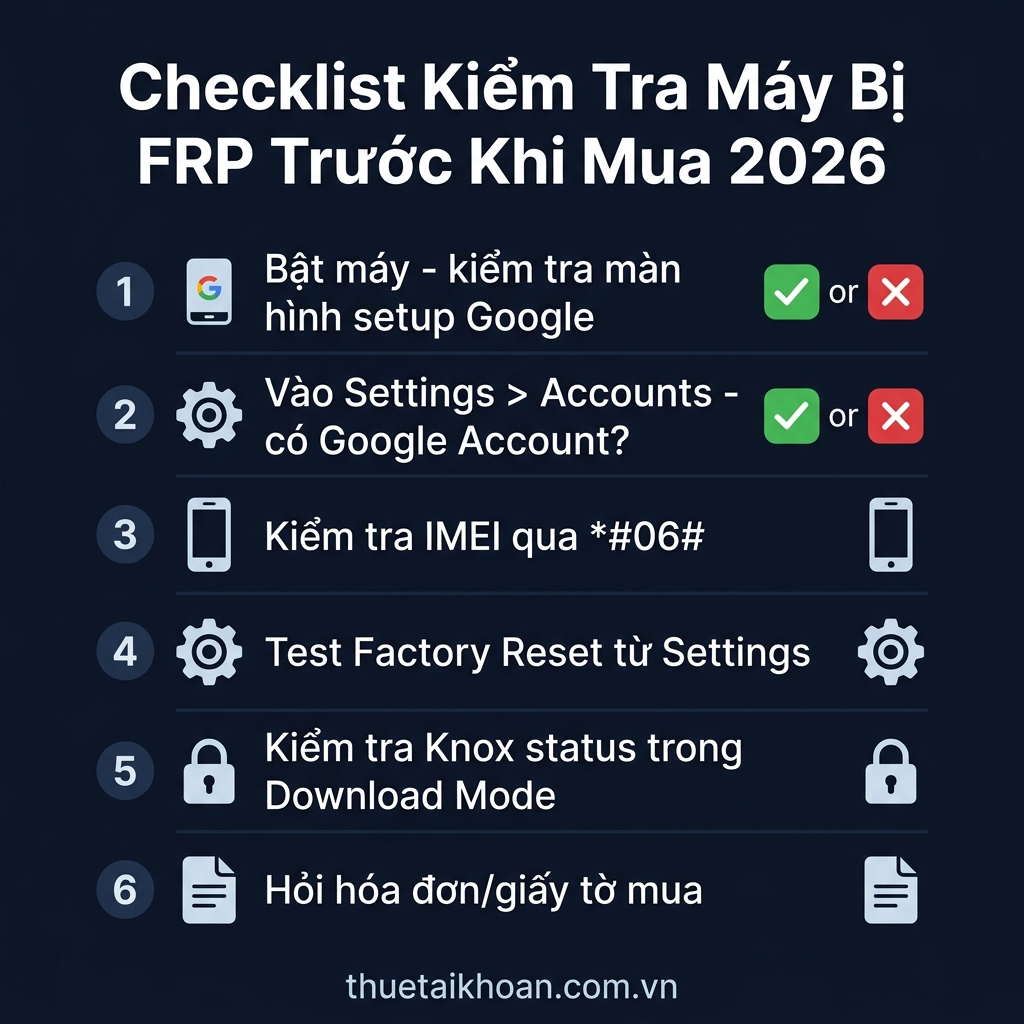 Checklist kiểm tra máy bị FRP trước khi mua điện thoại cũ 2026