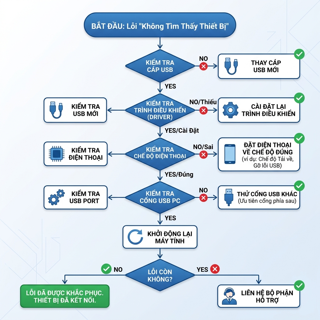 Flowchart khắc phục lỗi UnlockTool không nhận máy