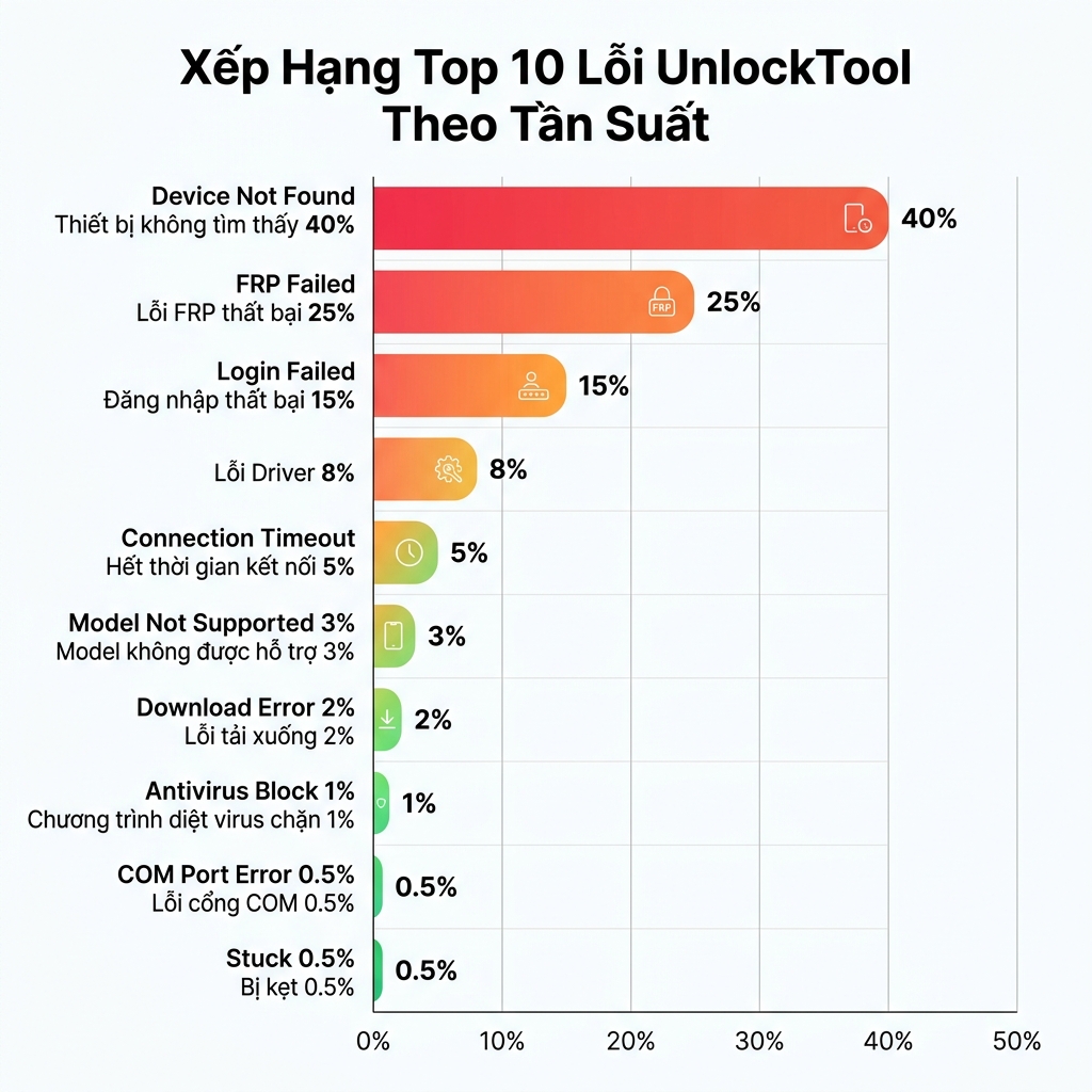 Bảng xếp hạng 10 lỗi UnlockTool thường gặp theo tần suất