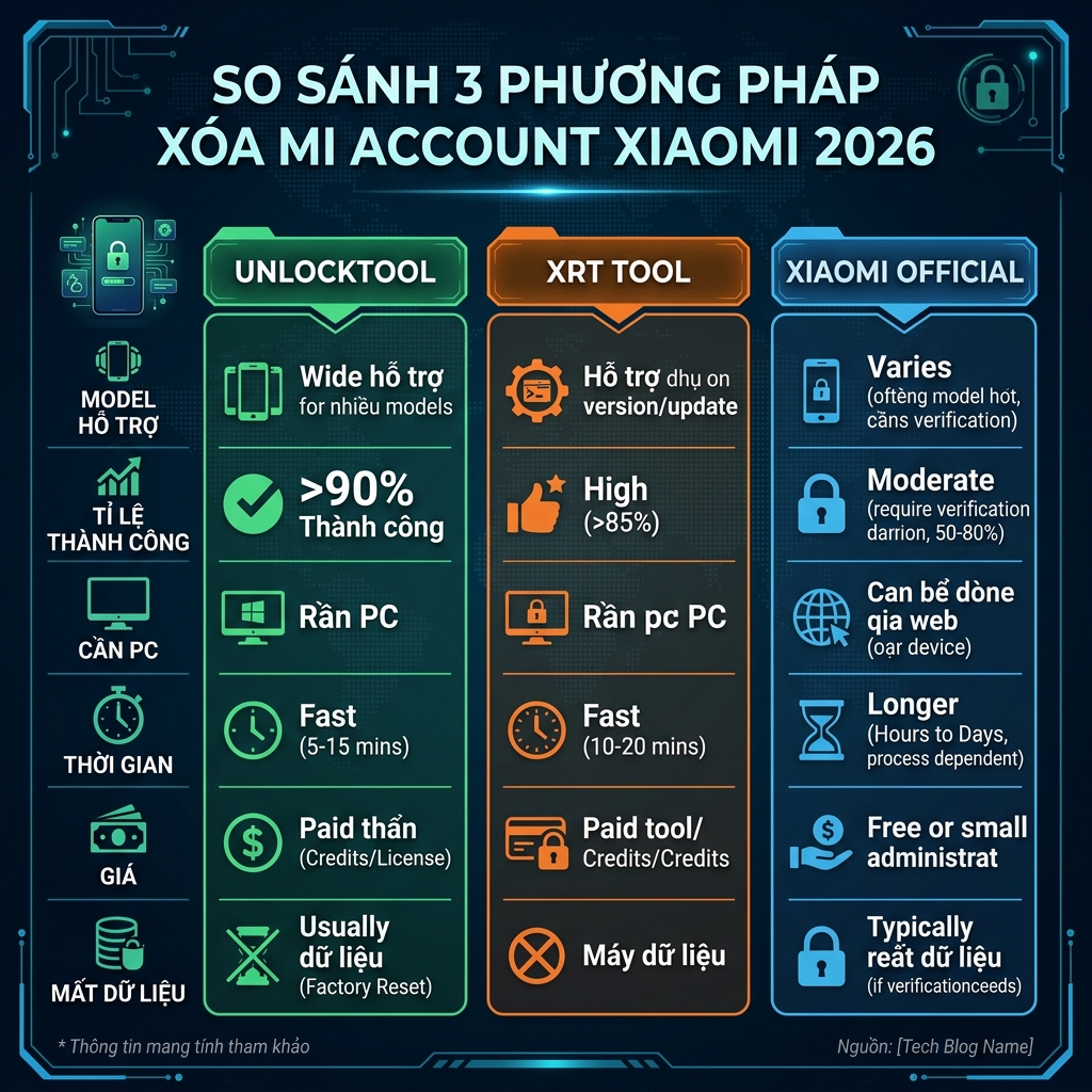So sánh 3 phương pháp xóa Mi Account Xiaomi 2026