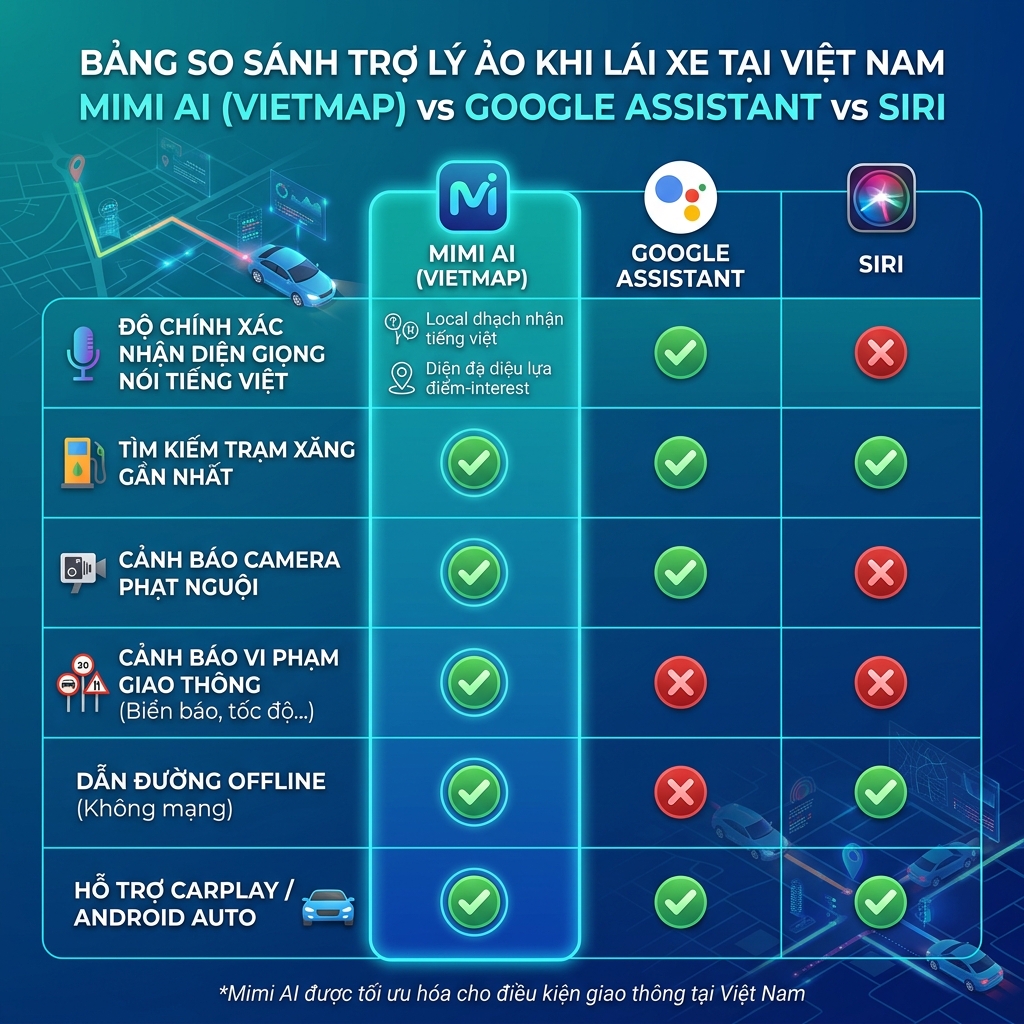 So sánh trợ lý AI Mimi vs Google Assistant vs Siri cho lái xe