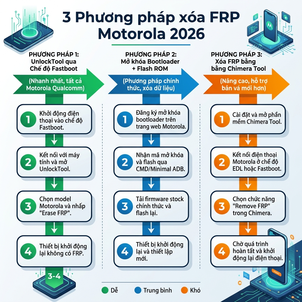 3 phương pháp xóa FRP Motorola 2026 bằng UnlockTool Fastboot Bootloader