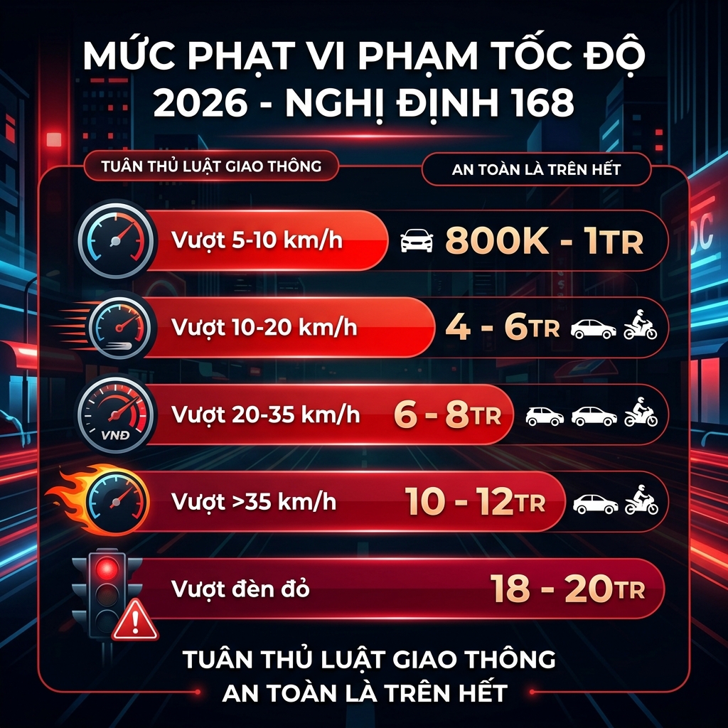 Bảng mức phạt vi phạm tốc độ 2026 theo Nghị Định 168