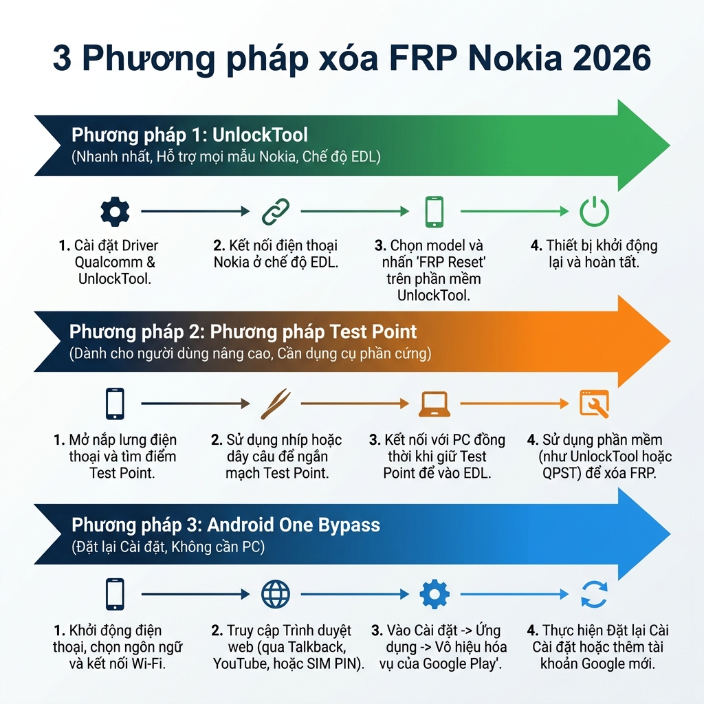 3 phương pháp xóa FRP Nokia 2026 bằng UnlockTool EDL Mode Test Point