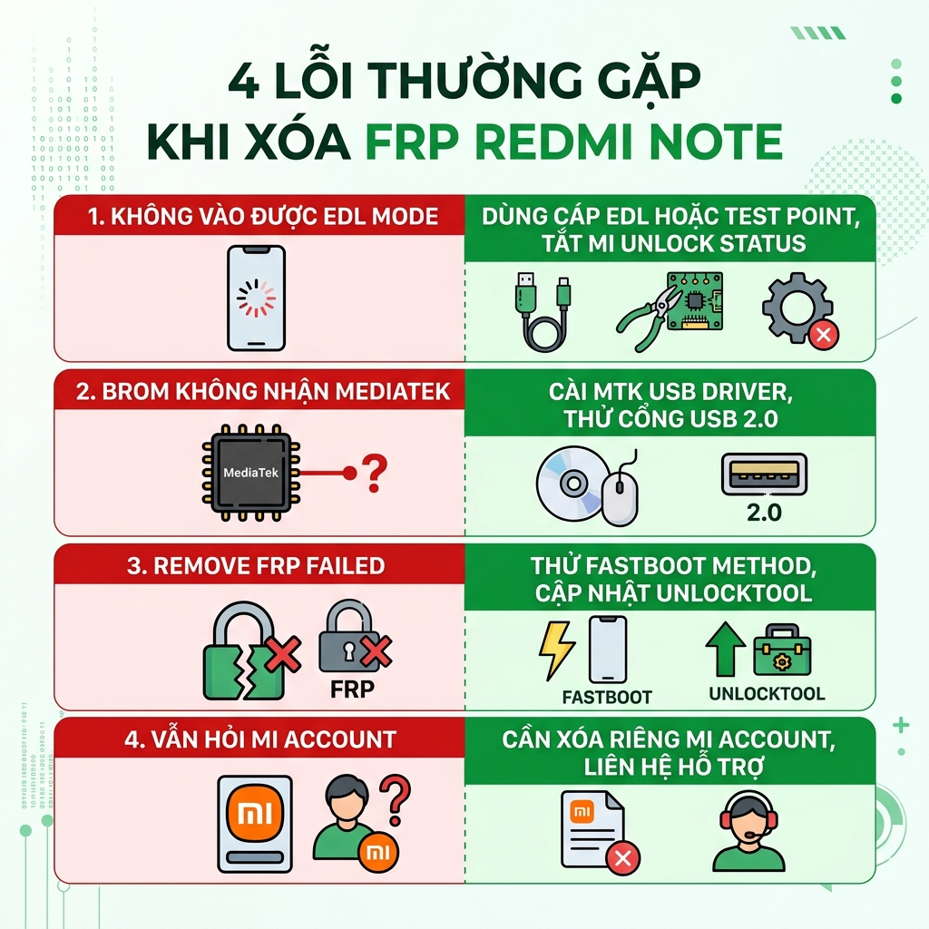 4 lỗi thường gặp khi xóa FRP Redmi Note và cách khắc phục