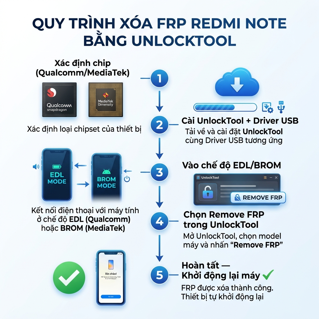 Quy trình xóa FRP Redmi Note bằng UnlockTool 2026