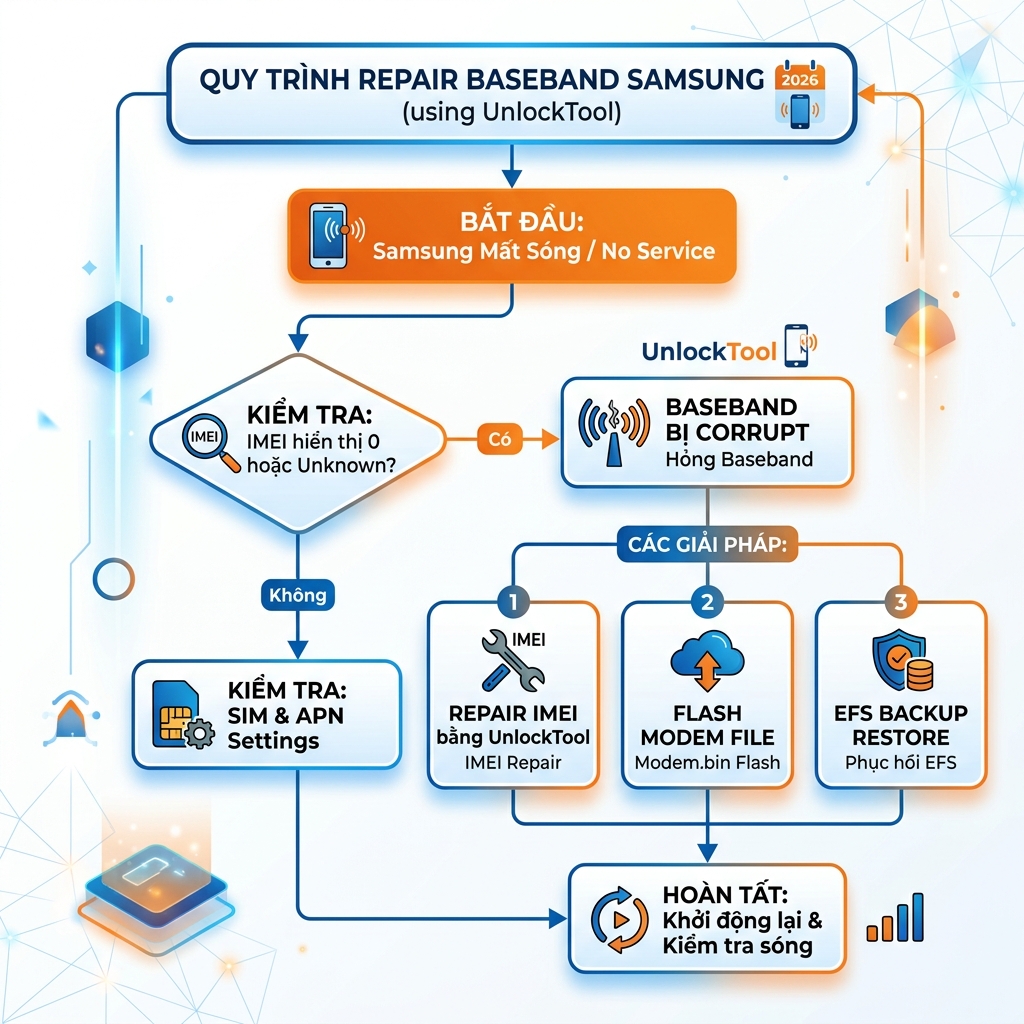 Quy trình repair baseband Samsung 2026 bằng UnlockTool fix mất sóng Unknown IMEI