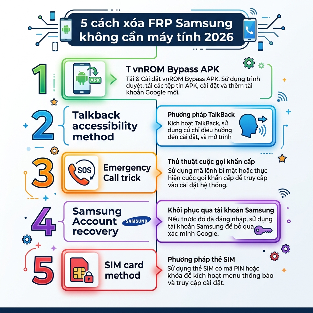 5 cách xóa FRP Samsung không cần máy tính 2026 vnROM Talkback Emergency Call