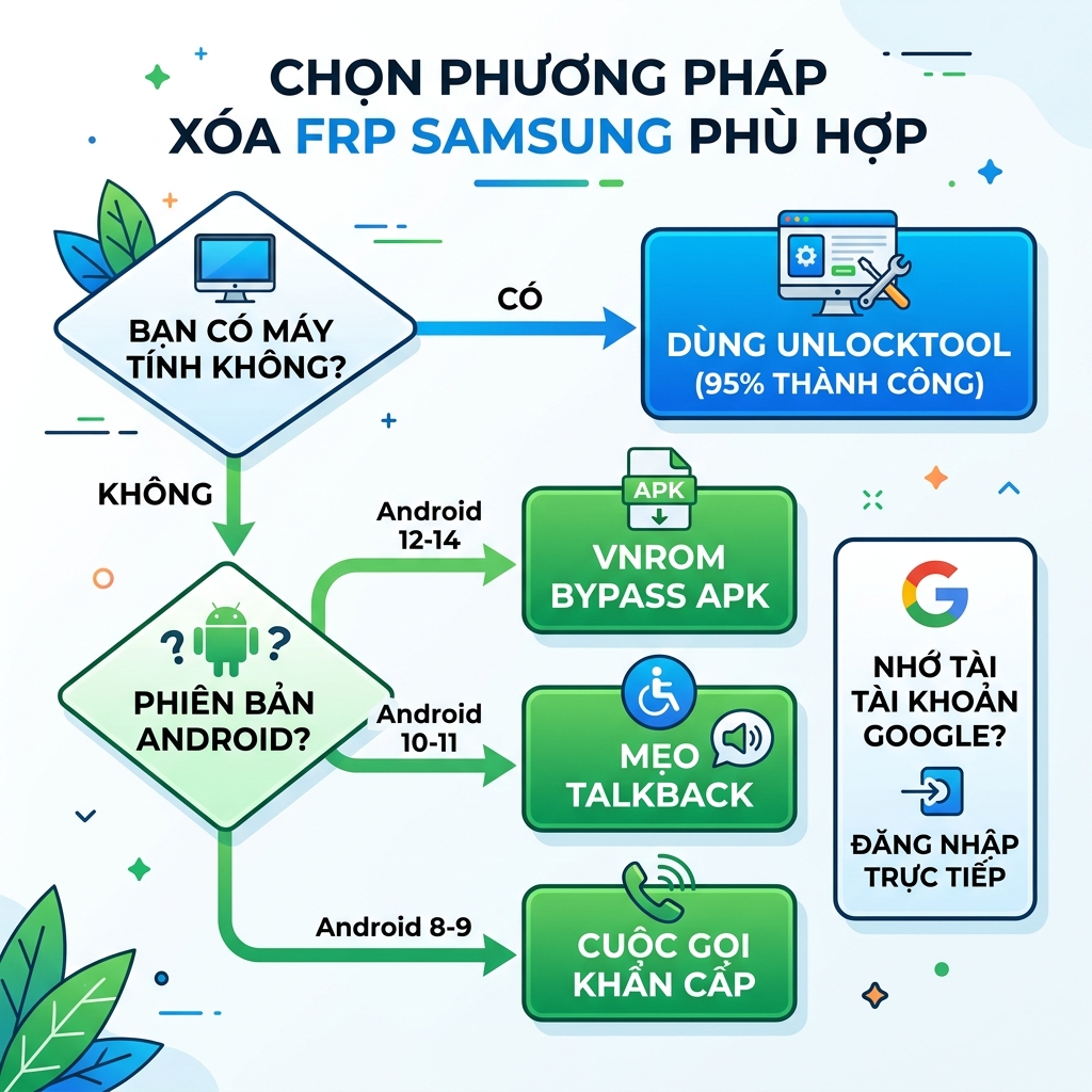 Flowchart chọn phương pháp xóa FRP Samsung phù hợp