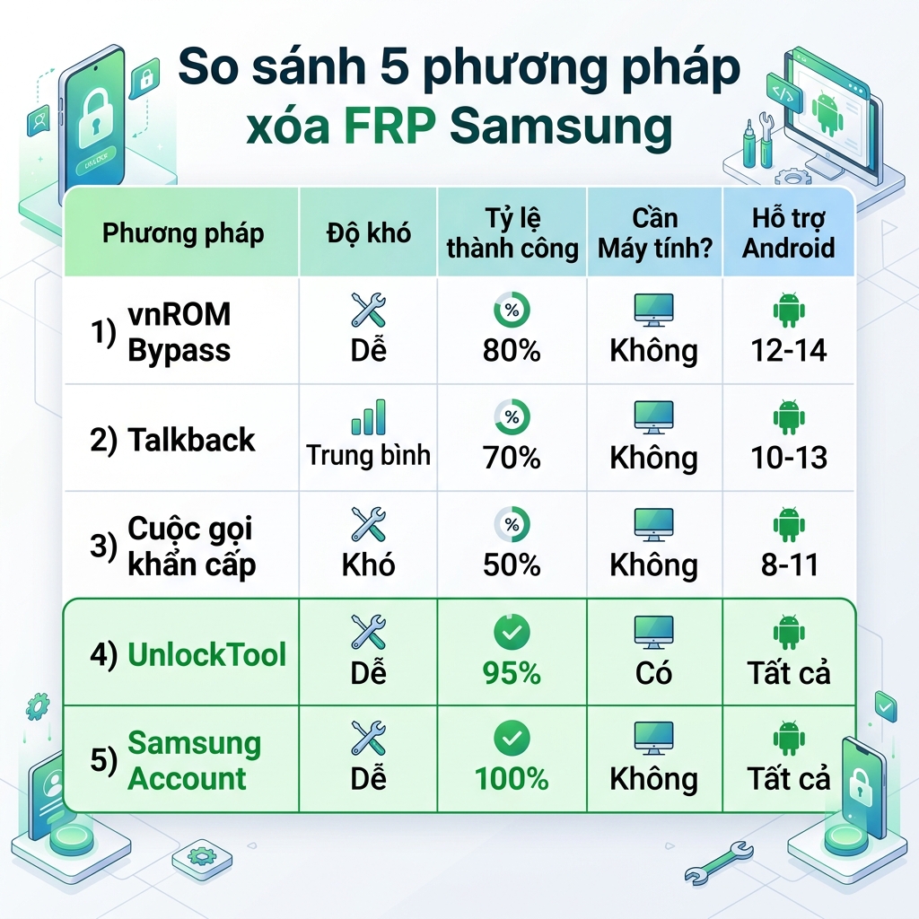 So sánh 5 phương pháp xóa FRP Samsung theo tỷ lệ thành công
