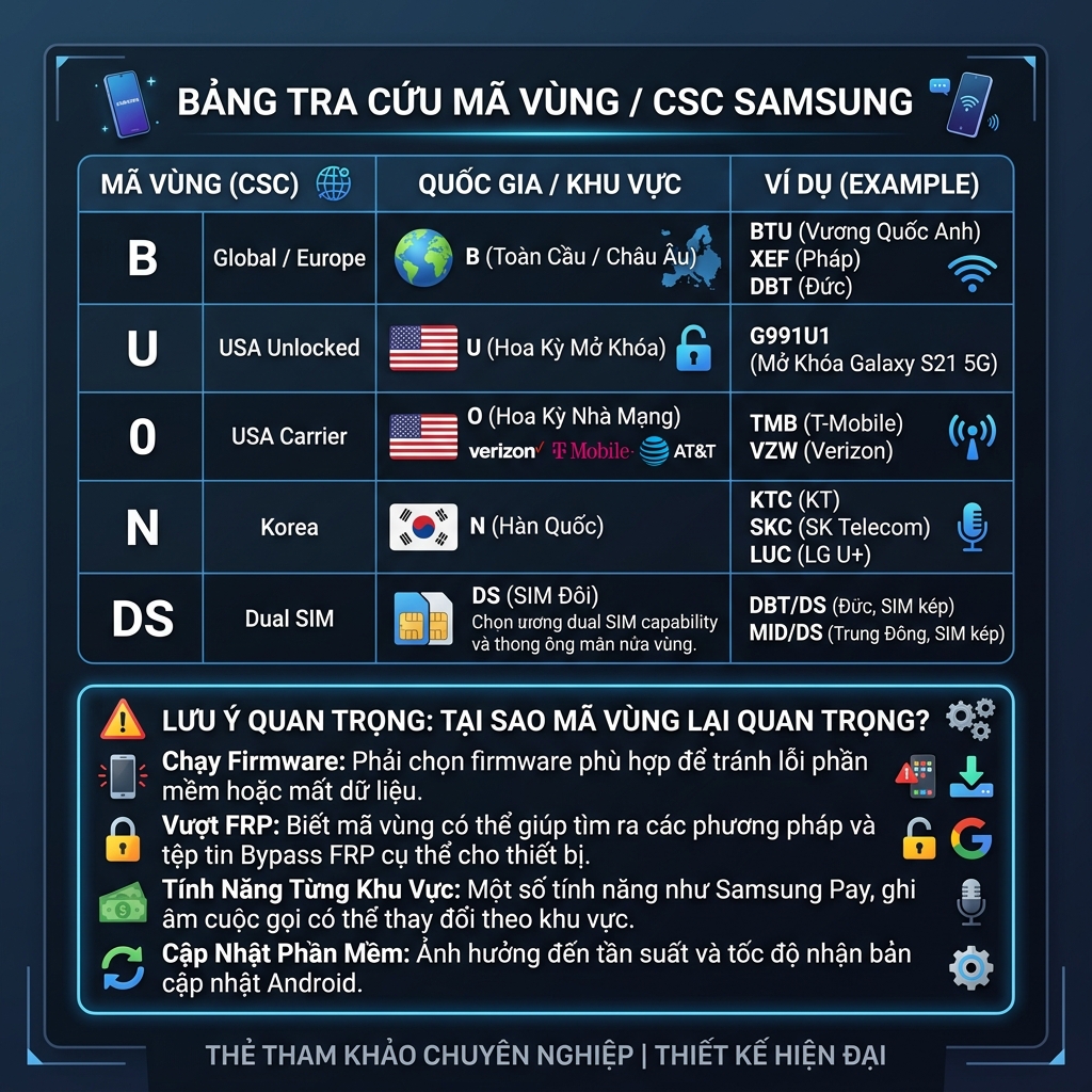Bảng mã region Samsung theo quốc gia
