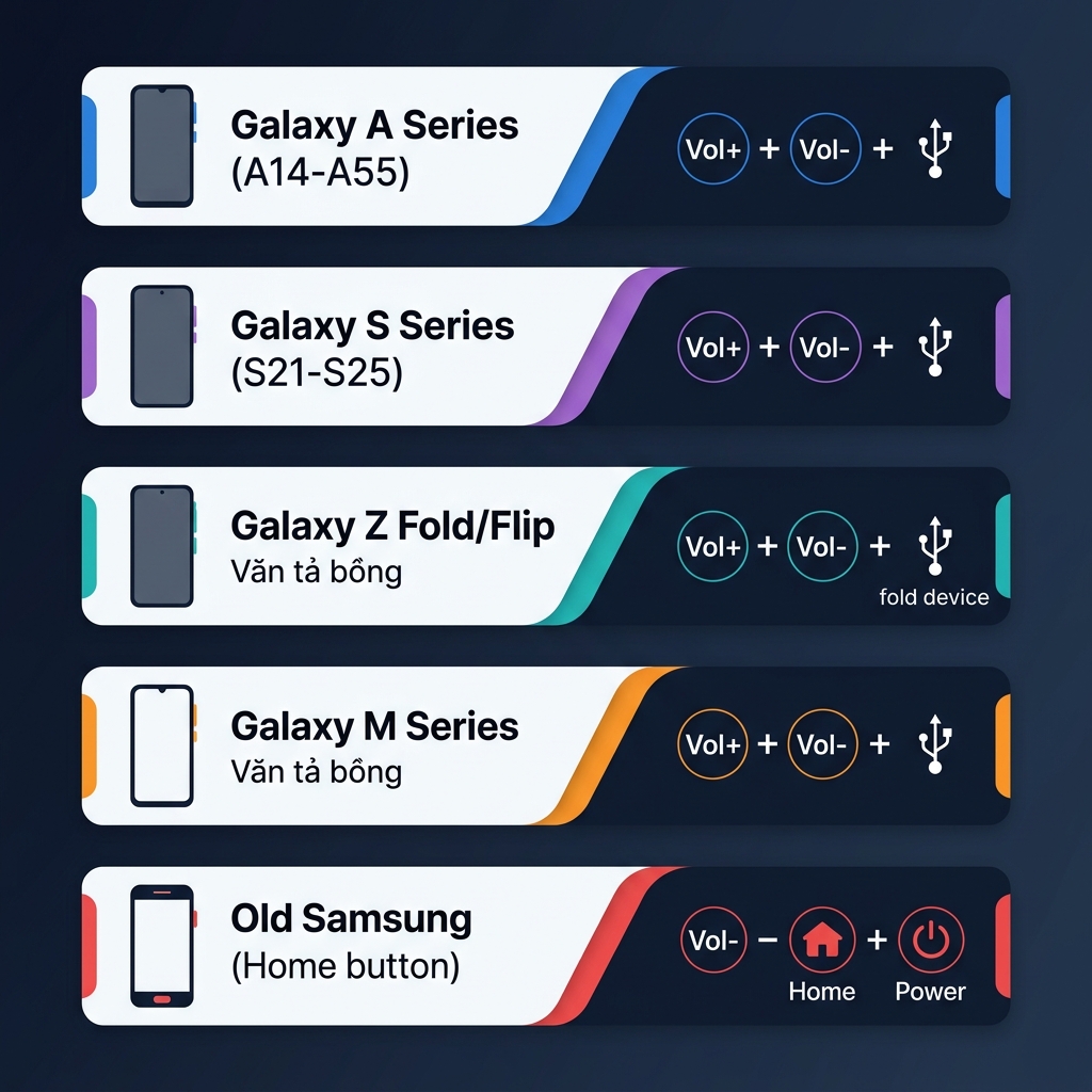Tổ hợp phím vào Download Mode theo từng dòng Samsung