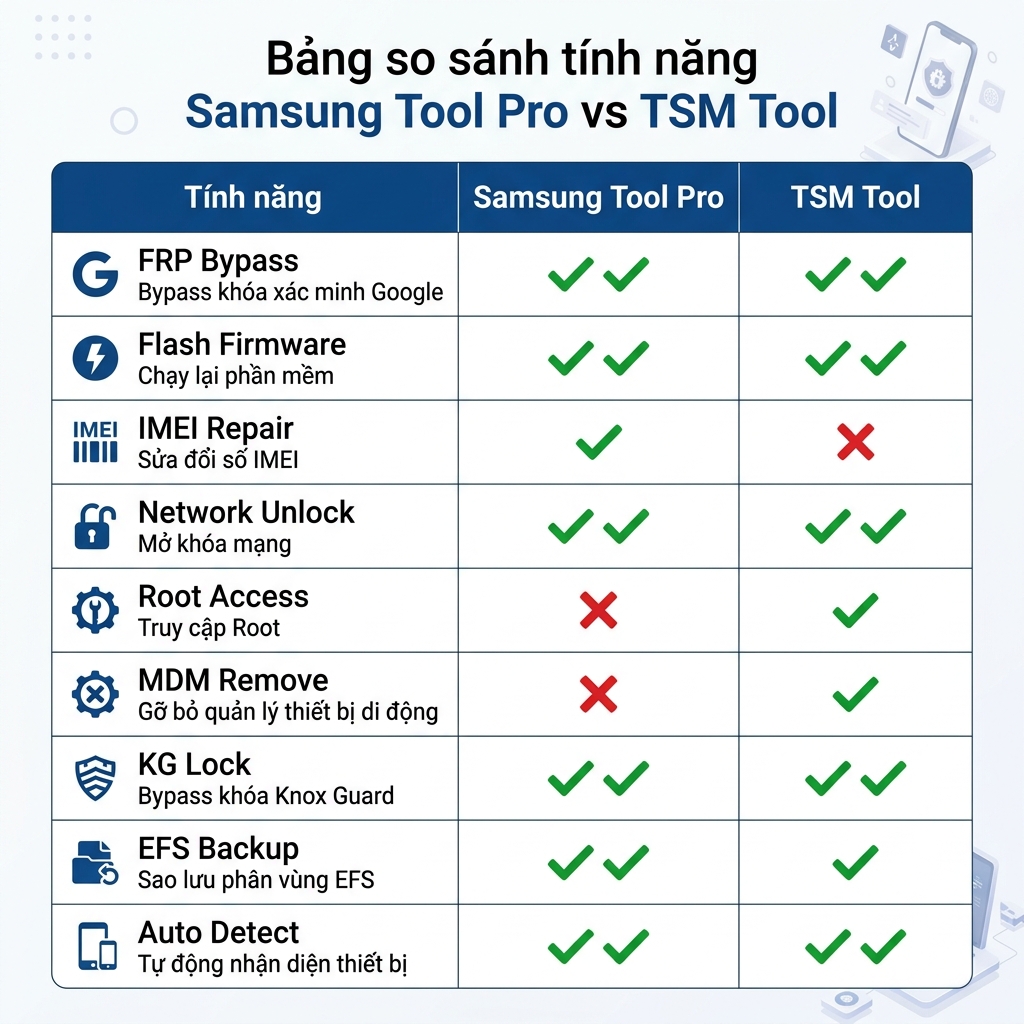 Bảng so sánh tính năng Samsung Tool Pro vs TSM Tool